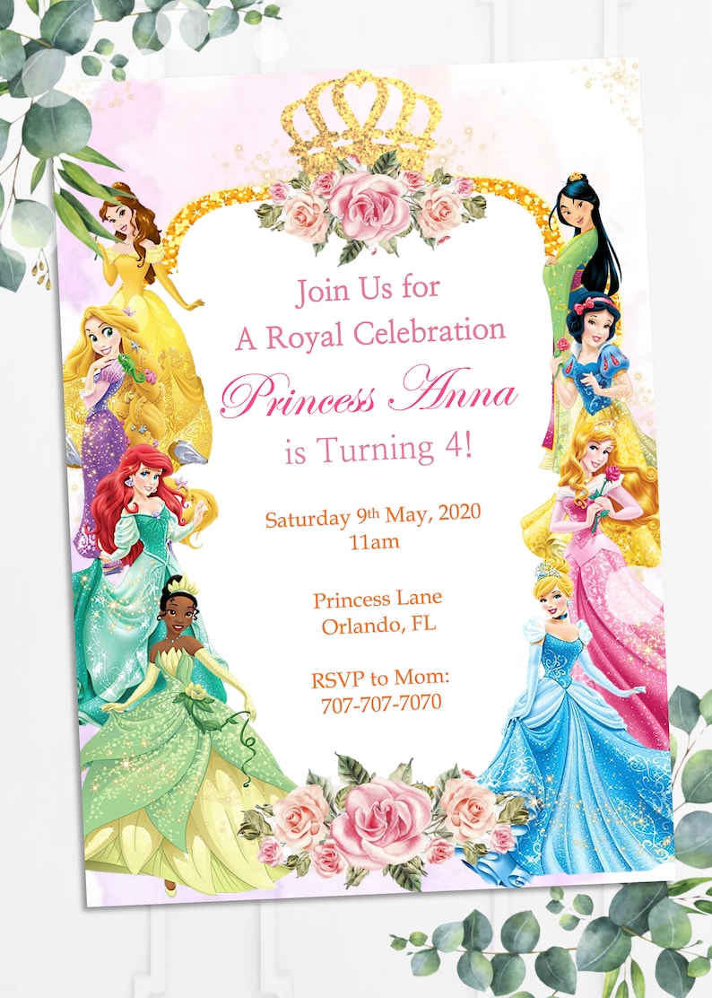 May include: A pink and white invitation with a gold crown and floral border. The invitation is for a princess-themed birthday party for Princess Anna, who is turning 4. The invitation includes the date, time, location, and RSVP information.