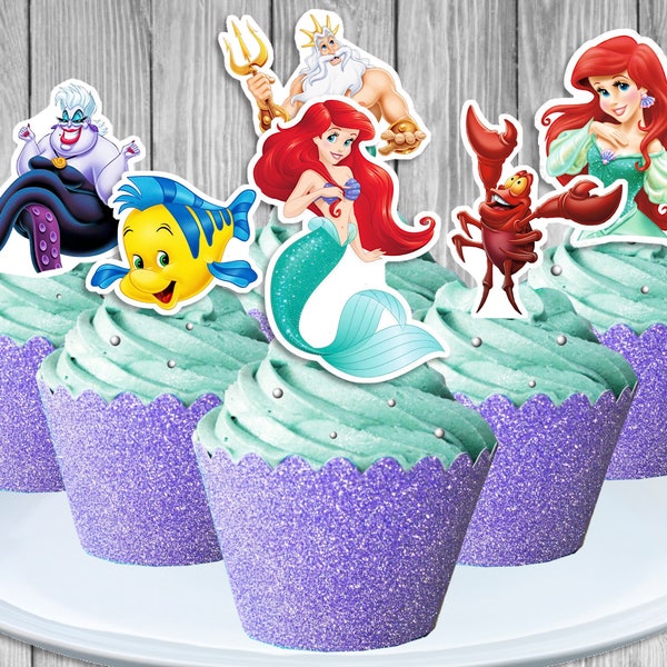 Set of 6 Little Mermaid Cupcake Toppers, 6 Printable Ariel Cupcake Toppers, Cupcake Toppers, Ariel Cupcake Decor, Instant Download