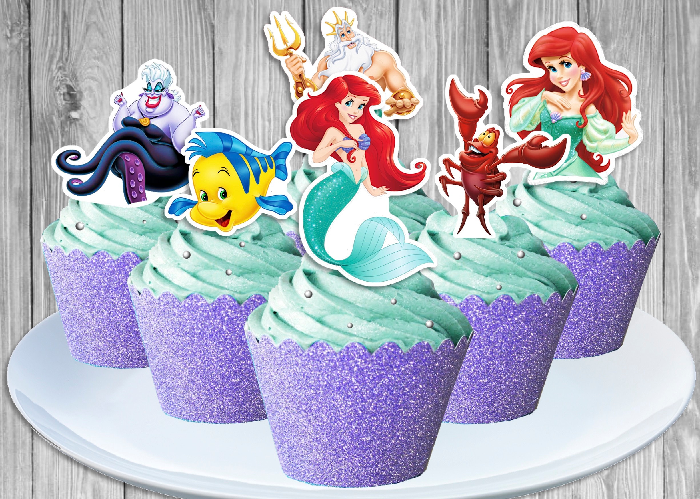Set of 6 Little Mermaid Cupcake Toppers, 6 Printable Ariel Cupcake Toppers, Cupcake Toppers, Ariel Cupcake Decor, Instant Download