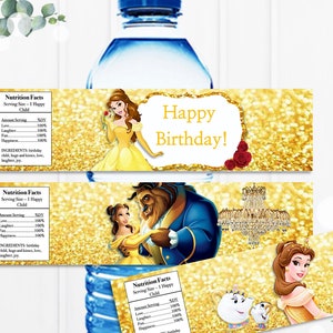 Belle vattenflasketikett, prinsessfestdekor, prinsessvattenflasketikett, vattenflasketikett