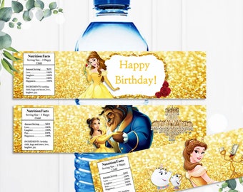 Belle Water Bottle Label,  Princess Party Decor, Princess Water Bottle Label, Water Bottle Label