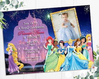 May include: A purple and pink birthday invitation with a photo of a young girl in a blue dress. The invitation features a castle, fireworks, and Disney princesses including Cinderella, Belle, Ariel, and Jasmine. The text reads "Join Us for A Royal Celebration Princess Anna is Turning 5!"