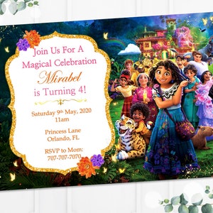 May include: A colorful invitation for a birthday party featuring Mirabel from the Disney movie Encanto. The invitation has a gold glitter background and features a picture of Mirabel with other characters from the movie. The text on the invitation reads "Join Us For A Magical Celebration Mirabel is Turning 4! Saturday 9th May, 2020 11am Princess Lane Orlando, FL RSVP to Mom: 707-707-7070"