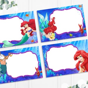 Etiquetas para carpas de comida de La Sirenita, etiqueta imprimible para fiesta de cumpleaños de Ariel, descarga instantánea, 8 diseños de etiquetas para carpas de comida, sirena