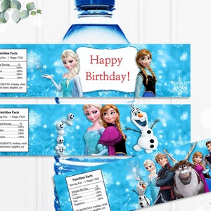 May include: Three printable water bottle labels featuring characters from the animated film Frozen. The labels are blue with snowflakes and feature the text "Happy Birthday!" and a nutrition facts label with the text "Serving Size - 1 Happy Child".