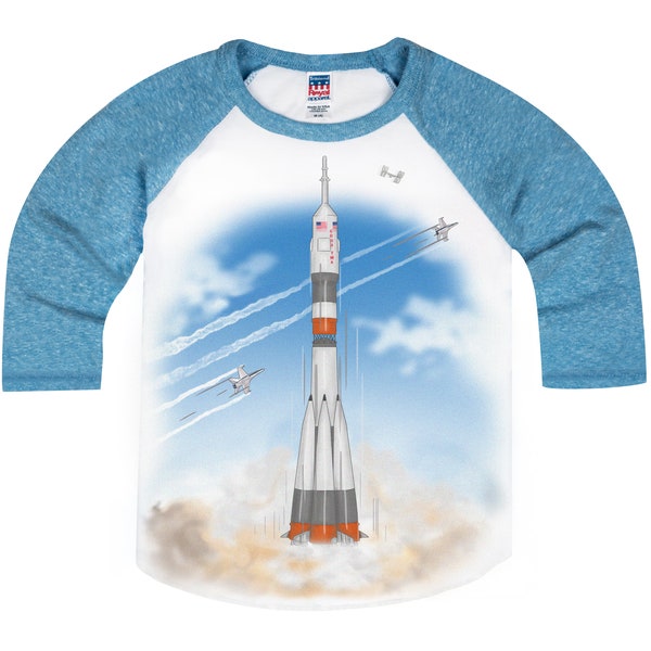 ISS Space Station Soyuz Rocket and NASA Jets Boys & Girls Baseball Raglan T-Shirt