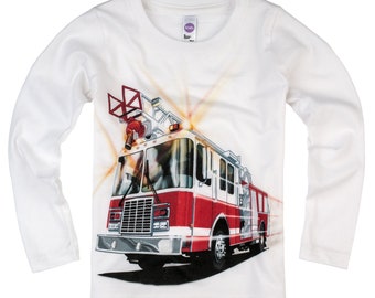 Boys & Girls Big Red Fire Truck 100% Cotton Long Sleeve T-Shirt