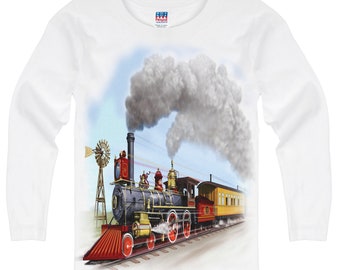 Boys & Girls 100% Cotton Long Sleeve Old West Steam Train T-Shirt