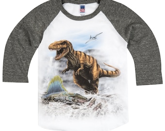 Kids Dinosaur Tee, Dinosaur Birthday Shirt, T-Rex Dino Raglan T-Shirt