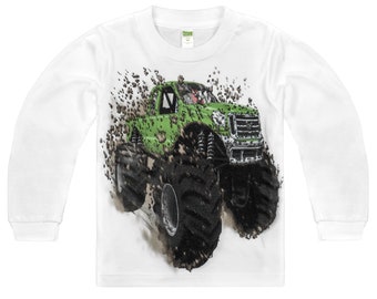 Boys & Girls 100% Cotton Long Sleeve Big Green Monster Trucks T-Shirt