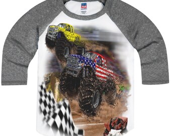 Monster Truck Racing with Yellow Truck Boys & Girls Baseball Raglan T-Shirt