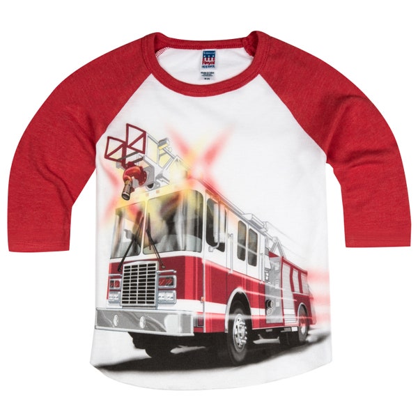 Boys & Girls Big Red Fire Truck Baseball Raglan T-Shirt