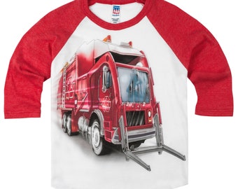 Kids Red Garbage Truck Shirt, Garbage Truck Birthday Party Raglan T-shirt