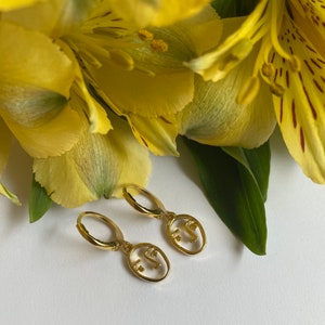Gold Plated Huggie Hoops With Gold Graphic Faces/ Gold Plated Hoops/ Small Hoop Earrings