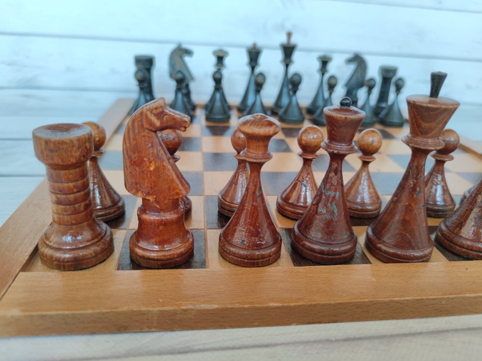 Soviet wooden chess set small - 30x30 cm chessboard vintage - Inspire Uplift