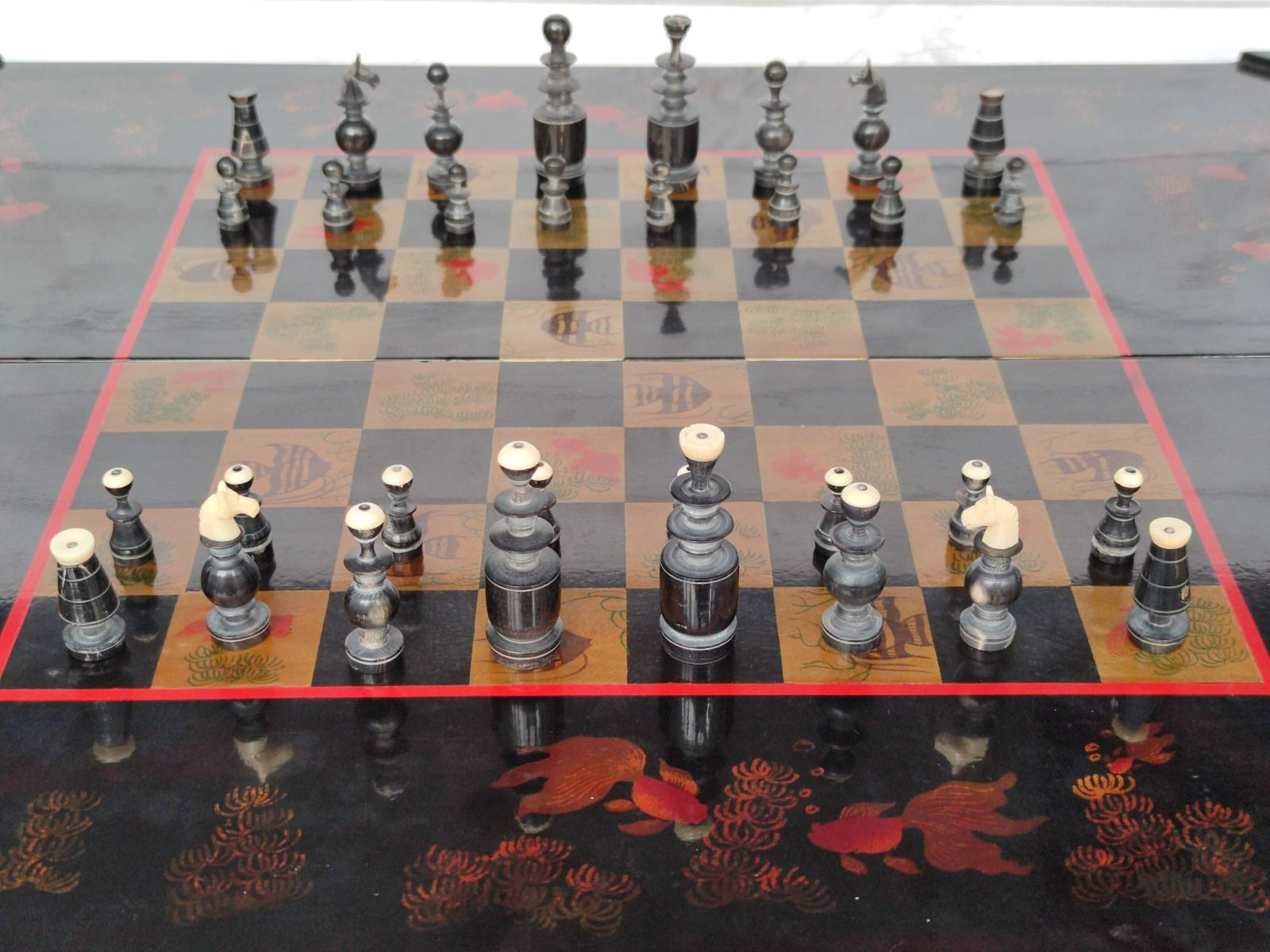 Vietnamese Handmade Wood Lacquer Chess Set with Carved Stone Pieces from  Vietnam