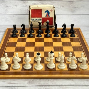 Ukrainian plastic chess pieces new in chess box 80s vintage. Great gift for mens, chess lovers and collectors!