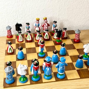 Handmade German Large chess set in original chess box 70s vintage in good condition.