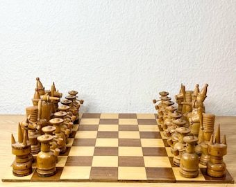 Handmade Germany wood chess set 50s vintage. Great gift for mens, chess lovers and collectors!