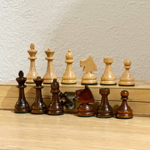 Germany small wood chess set 70s vintage in good condition. Beautiful chess pieces. Great gift for mens, chess lovers and collectors!
