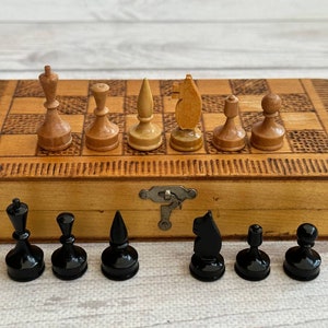 Bulgarian travel mini chess set 80s vintage from wood in very good condition. Great gift for mens, chess lovers and collectors!