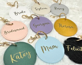Personalised Circle Keyring, Faux Leather Monogram Bag Charm, Gold Clasp, Custom Name Gift for Bridesmaid, Birthday, Gift for Her
