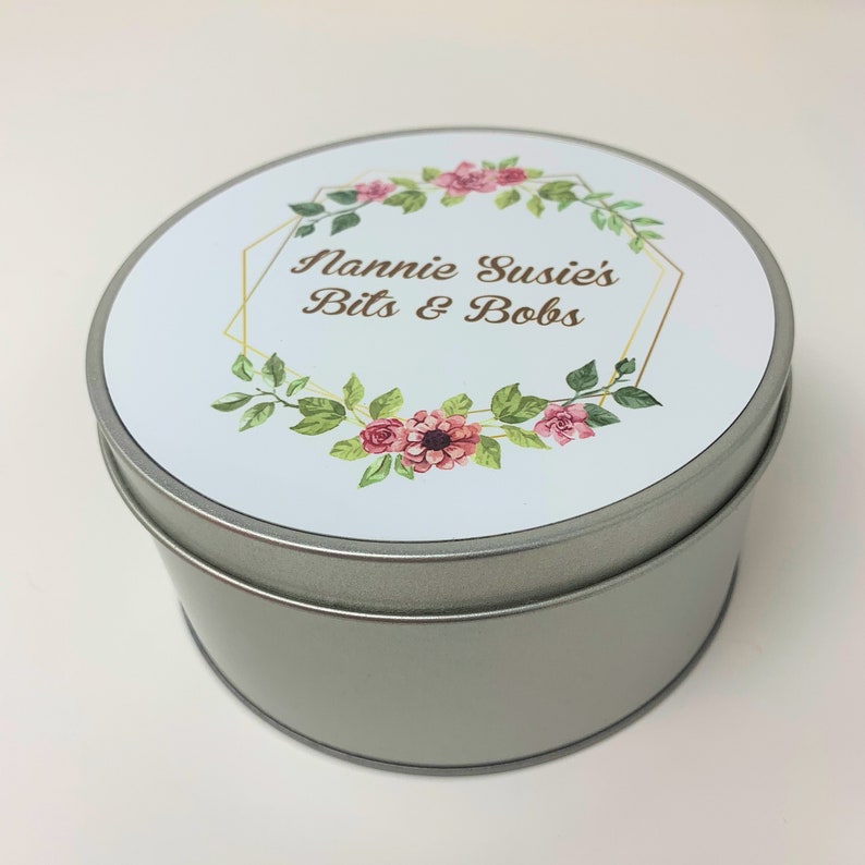Personalised round tin for women nan mum gift idea grandma knick knack random items sewing tin bingo tin box metal bits and bobs