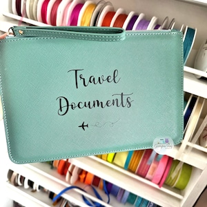 Pu&ograve; includere: Una pochette con cerniera color turchese con il testo "Travel Documents" e un piccolo grafico di un aereo. La pochette &egrave; realizzata in materiale testurizzato e ha una cerniera nera.
