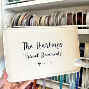 Pu&ograve; includere: Un portadocumenti da viaggio bianco con il testo "The Harlings Travel Documents" e una piccola icona di aereo. Il portadocumenti &egrave; realizzato in un materiale testurizzato e ha una chiusura a zip.