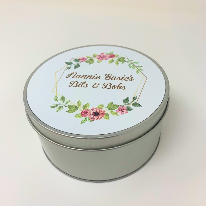 Personalised round tin for women nan mum gift idea grandma knick knack random items sewing tin bingo tin box metal bits and bobs