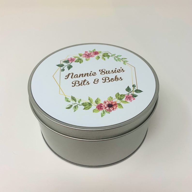 Personalised round tin for women nan mum gift idea grandma knick knack random items sewing tin bingo tin box metal bits and bobs