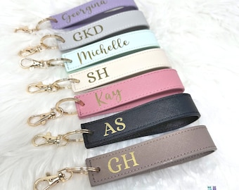 Personalised Wristlet Keyring – Faux Leather Strap with Initials or Name, Bridesmaid Gift, Teacher Gift, Car Key Holder, Custom Keychain