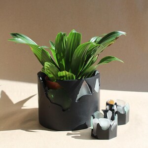Op de afbeelding: Een grote cilindrische zwarte plantenbak met een groene bladplant, voorzien van ingebedde doorschijnende stukjes zeeglas. Twee kleinere bijpassende zwarte cilindrische houders met vergelijkbare glasaccenten staan op de voorgrond.