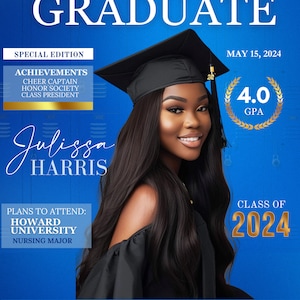 May include: A graduation announcement with a blue background features the text "Cameron High School Graduate." It includes the graduate's name, achievements, and plans to attend Howard University. The announcement also includes the date, time, and location of the graduation celebration.