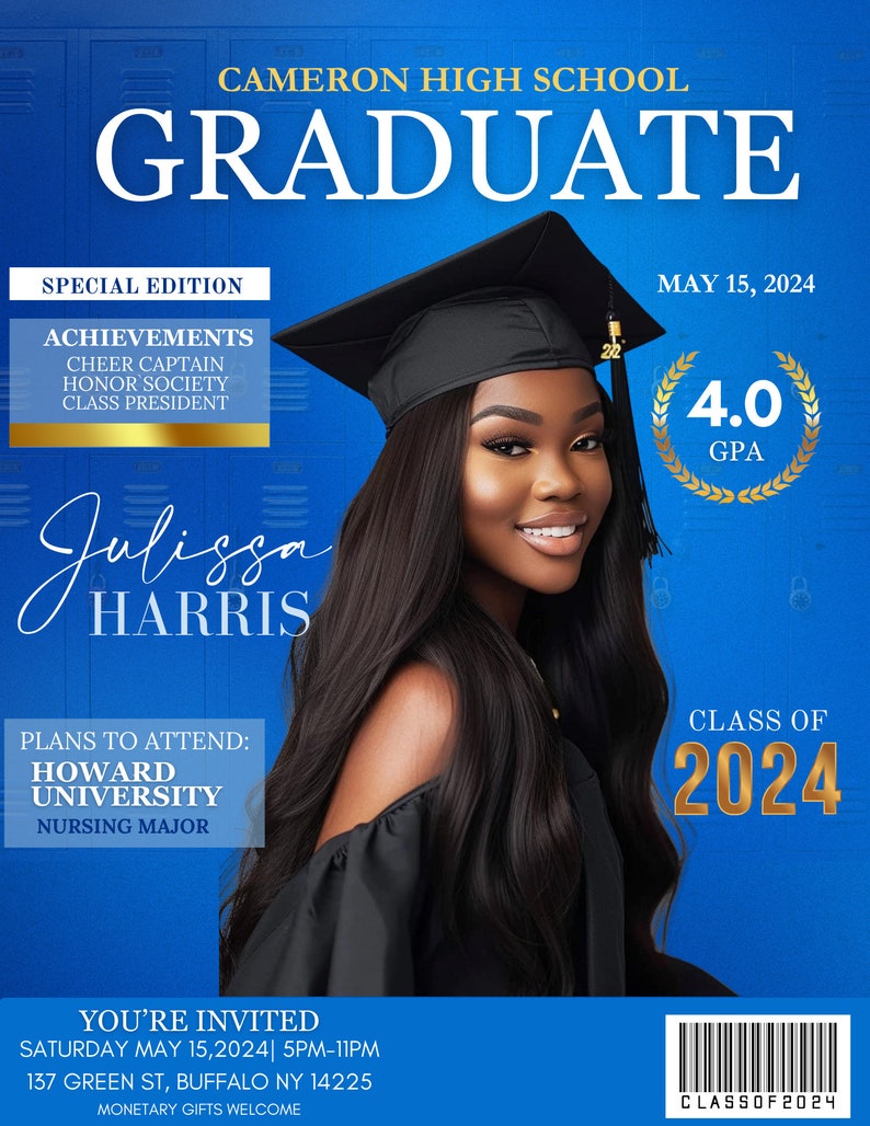 May include: A graduation announcement with a blue background features the text "Cameron High School Graduate." It includes the graduate's name, achievements, and plans to attend Howard University. The announcement also includes the date, time, and location of the graduation celebration.