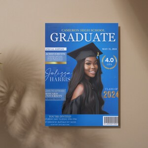 May include: A graduation announcement with a blue and white design. The announcement features a photo of a graduate wearing a cap and gown. Text includes "Cameron High School Graduate," the graduate's name, achievements, and the date of the graduation.