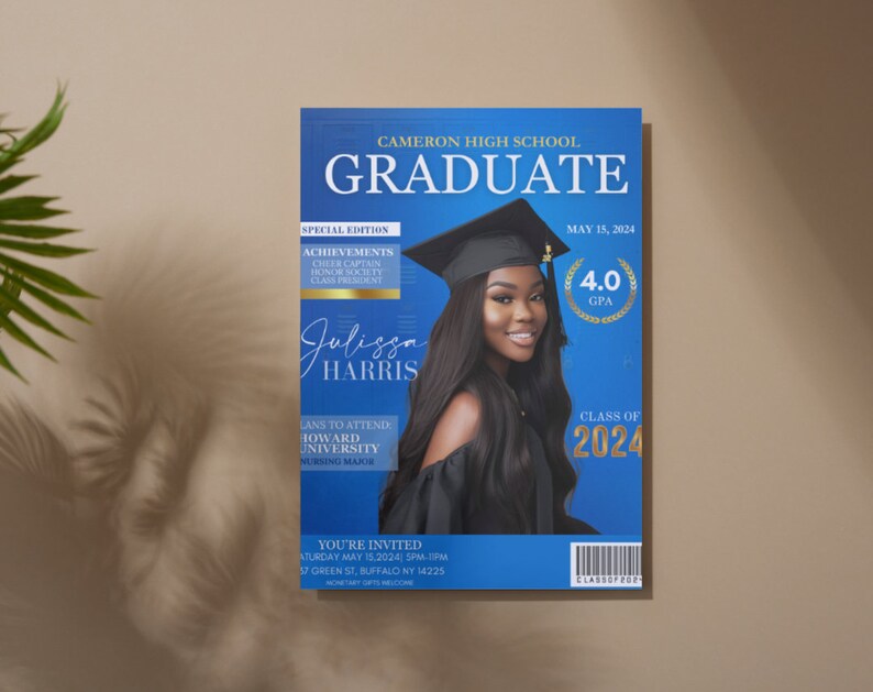 May include: A graduation announcement with a blue and white design. The announcement features a photo of a graduate wearing a cap and gown. Text includes "Cameron High School Graduate," the graduate's name, achievements, and the date of the graduation.