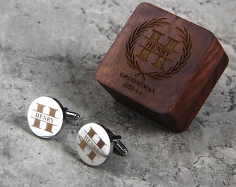 Men's Cufflinks Personalized, Wedding Cuff links Engraved Wood Gift Box, Wedding Gifts for Groom Groomsmen Dad Best Man