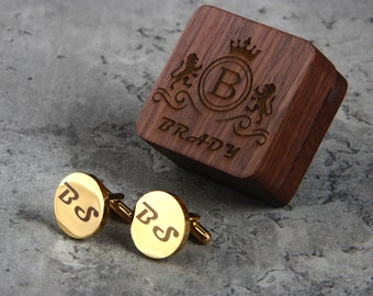 Groomsman Cufflinks Personalized, Round Metal Wedding Cuff links Engraved Wood Gift Box, Wedding Gifts for Groom Groomsmen Dad Best Man