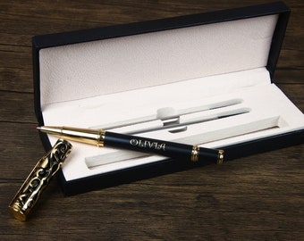 Penna a sfera personalizzata, penna in oro nero in metallo inciso, regalo promozionale con confezione regalo inchiostro sostitutivo