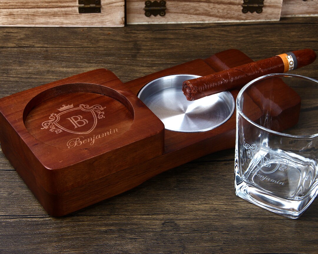 Personalized Whisky Glass Cigar Holder, Wood Ashtray Glass Tray, Cigar