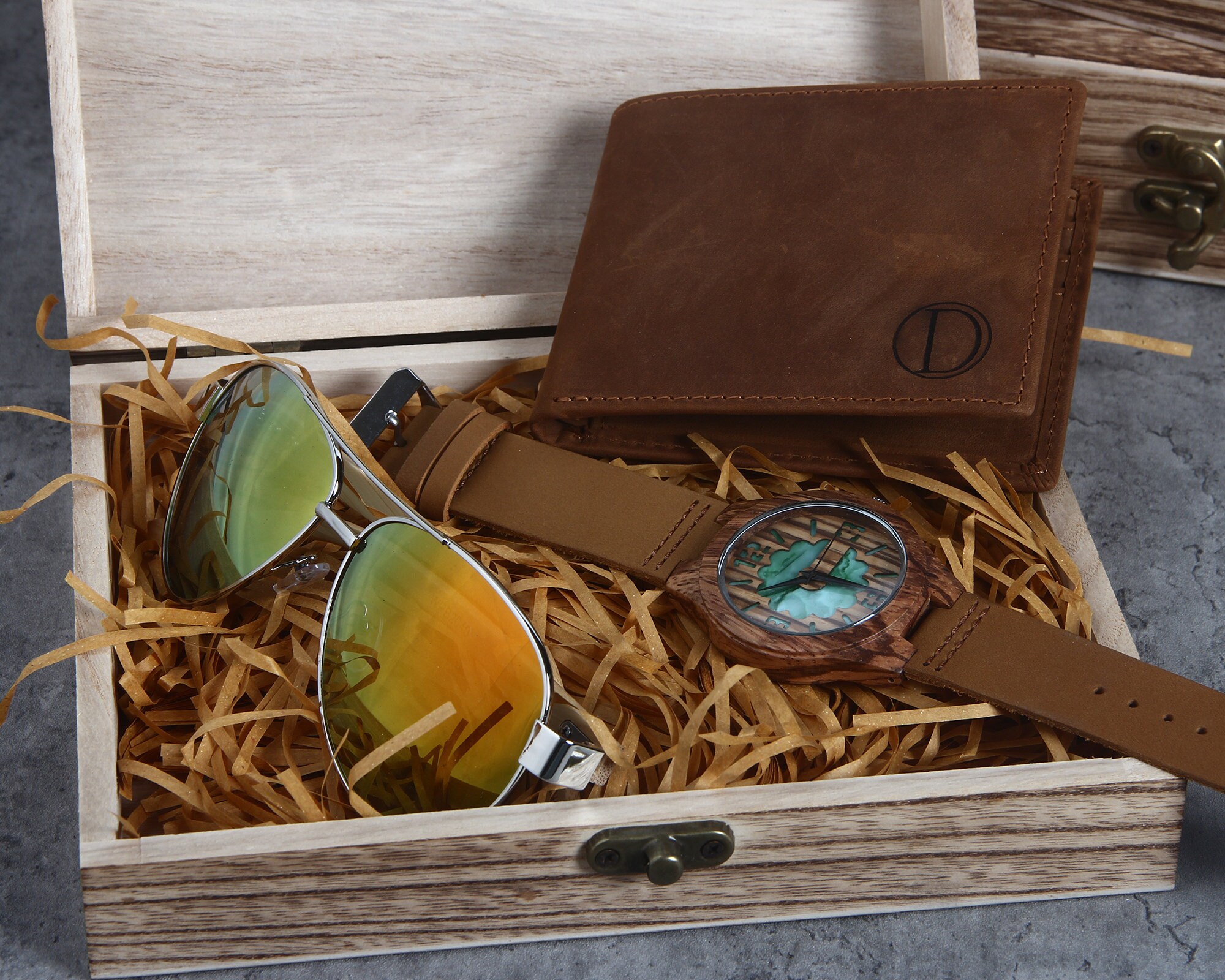 Custom Wooden Watch Leather Wallet Groomsmen Sunglasses in Gift