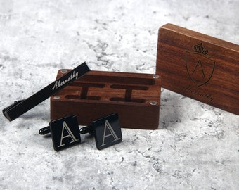 Men's Cuff Links and Tie Clip Personalized, Groomsman Gift Metal Cufflinks Engraved Wood Box, Wedding Gifts for Groom Groomsmen Dad Best Man