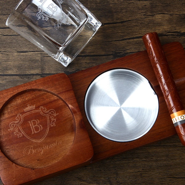 Personalized Whisky Cigar Glass Tray, Wood Ashtray Cigar Holder, Cigar Ashtray Whiskey Glass, Father's Day Present, Groomsmen Best Man Gift