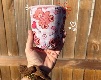 Funda para bebida de osito de peluche de cuadros vichy / Funda para bebida de café helado