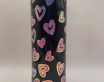 Neon Pink Glitter Heart Tumbler: Glow in the Dark Travel Coffee Cup