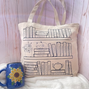 Book Tracker Tote Bag— Canvas Tote Bag with 76 classic books to color as you read-- Bookish Tote bag--Book Bag-- Book Lovers Tote Bag
