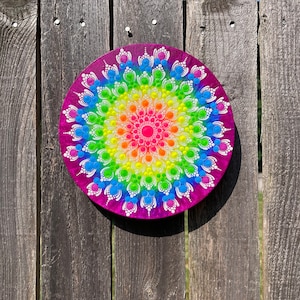 Rainbow Dot Mandala on 7” Round Canvas, Blacklight Art, UV light reactive