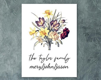 Birth Flower Family Bouquet Print , Personalised Gift , Names Frame