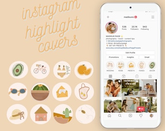 May include: A smartphone screen shows an Instagram profile with the name "madisuns" and illustrated highlight covers. The covers include images of an avocado, bicycle, bikini, orange slice, sunglasses, cactus, and an envelope. The text "instagram highlight covers" is at the top.